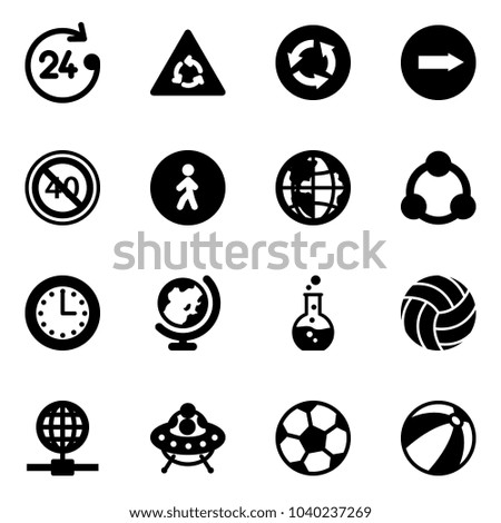 Solid vector icon set - 24 hours vector, round motion road sign, circle, only right, end minimal speed limit, pedestrian way, globe, social, time, flask, volleyball, ufo toy, soccer ball, beach