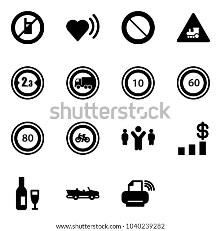 Solid vector icon set - no mobile sign vector, heart beat, prohibition road, railway intersection, limited width, truck, speed limit 10, 60, 80, bike, team leader, dollar chart, wine, cabrio