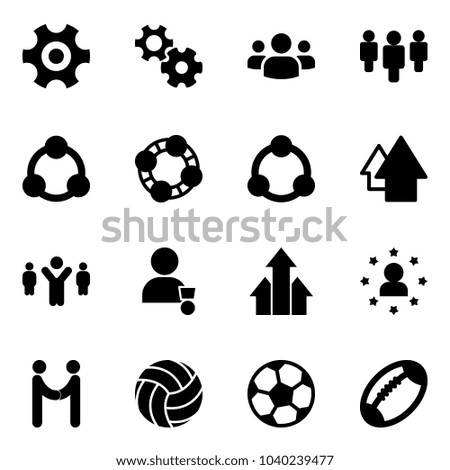 Solid vector icon set - gear vector, group, social, friends, community, arrow up, team leader, winner, arrows, star man, agreement, volleyball, soccer ball, football