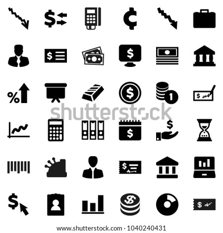 Flat vector icon set - bank vector, exchange, dollar coin, graph, gold ingot, pie, laptop, cash, crisis, percent growth, manager, case, investment, stack, check, calculator, receipt, binder, monitor