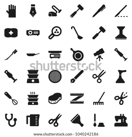 Flat vector icon set - plunger vector, scraper, rake, sponge, car fetlock, toilet brush, rubber glove, pan, measuring cup, whisk, ladle, meat hammer, blender, sieve, pen, telescope, scissors, coupon