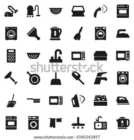 Flat vector icon set - scraper vector, broom, water tap, vacuum cleaner, fetlock, scoop, sponge, iron, steaming, drying clothes, washer, sink, pan, kettle, colander, grater, microwave oven