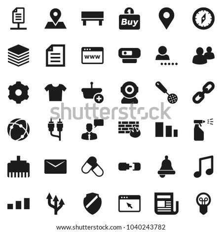 Flat vector icon set - sprayer vector, skimmer, bell, compass, music, document, pills, map pin, sorting, newspaper, speaking man, group, rca, connection, big data, browser, gear, shield, firewall