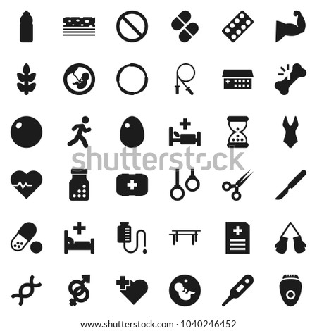 Flat vector icon set - egg vector, heart pulse, jump rope, horizontal bar, fitball, muscule hand, boxing glove, swimsuite, pills, water bottle, cereals, breads, prohibition sign, cross, hoop, run