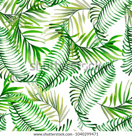 Beautiful bright watercolor pattern with tropical leaves. Illustration