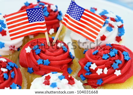 American patriotic themed cupcakes for the 4th of July.  Shallow depth of field.