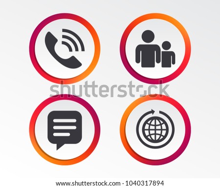 Group of people and share icons. Speech bubble and round the world arrow symbols. Communication signs. Infographic design buttons. Circle templates. Vector