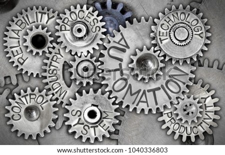 Macro photo of tooth wheel mechanism with AUTOMATION concept related words imprinted on metal surface