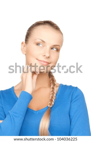 bright closeup picture of beautiful pensive woman