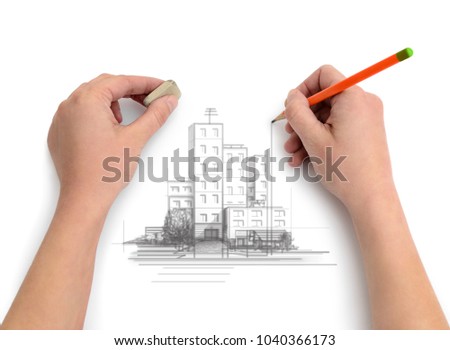 Engineer, designer, artist, draws a pencil project of the city.