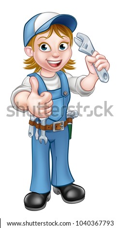 A female woman mechanic or plumber handyman cartoon character holding a spanner and giving a thumbs up
