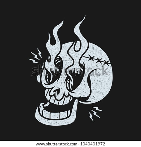 Skull fire tattoo stamp shirt print black vector traditional apparel biker illustration lights happy tee