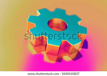 Colourful Gear Icon on Candy Pink-Yellow Background With Art Focus. 3D Illustration of Cog, Cogwheel, Engine, Gears, Mechanism Icon Set for Presentation.