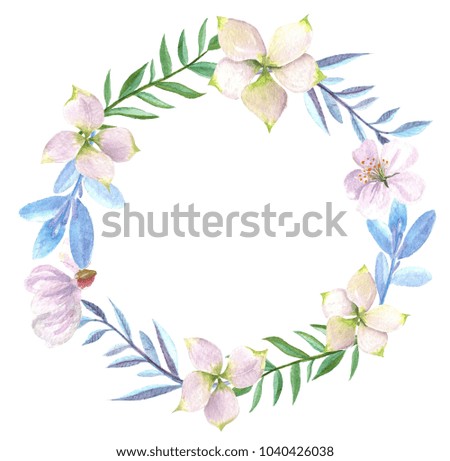 Watercolor hand painted wreath isolated on white background. Whimsical round flowery composition for your design.