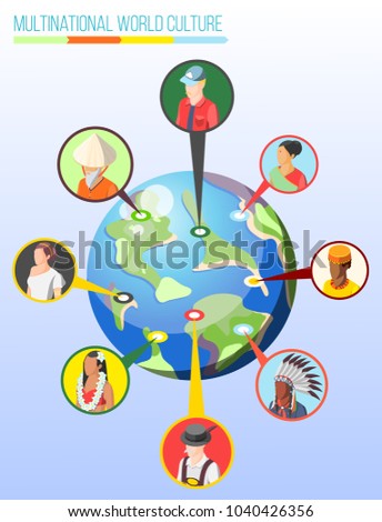 Multinational world culture isometric design concept with round icons of people in different national costumes connected to  native countries on globe image vector illustration