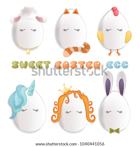 Sweet easter egg characters. Funny Easter eggs chick rabbit cat and others. Happy easter vector set for kids