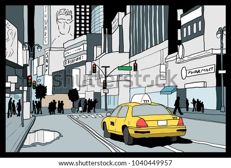 Night in New York City - illustration of Times Square, Midtown Manhattan.