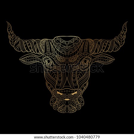 Bull zentangle style gold gradient on black background for t-shirt design, logo, sign, bag, postcard, poster. Stylized illustration of patterned bull. Vector illustration. Eps10
