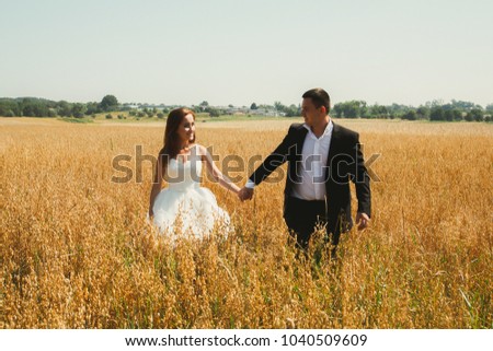 Wedding couple is walking in the summer wheat field. Bride in white puffy dress holds groom's hands in black suit. Green trees and houses on the horizon. Summer heat and love story.