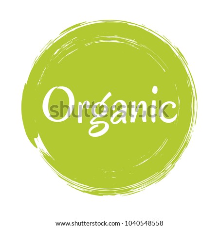 Organic products icon, food package label vector graphic design. Organic food logo, no chemicals sign, green round stamp isolated clip art, circle tag organic farming label or sticker vector emblem.