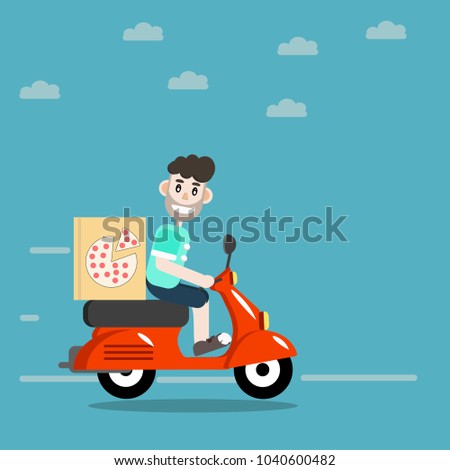 man on the scooter, curly guy,  red scooter,  person is traveling, Pizza deliveryman, Pizza delivery on a scooter, motobike