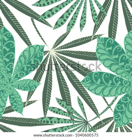 Exotic Seamless Pattern With Leaves of Palm Trees On Black Background. Hand Drawn Tropic Texture In Zentangle Style. Ornate Seamless Background for Print, Interior, Wallpaper, Swimwear.