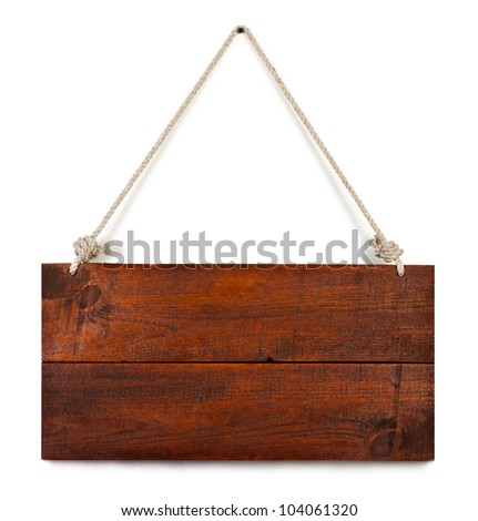 blank wood sign board on rope with space for text isolated on white