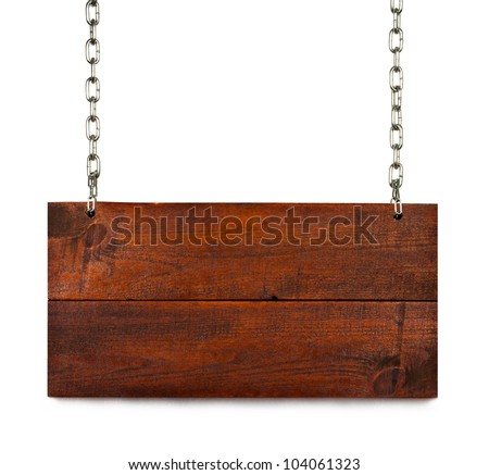 vintage blank wood sign board on chains with space for text isolated on white