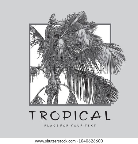 Tropical Coconut palm tree with leaves close-up.
Monochrome realistic vector illustration. Pattern, design element for summer holiday, travel and vacation concept.