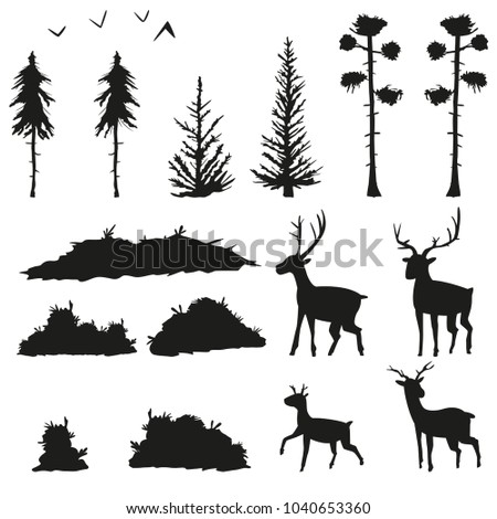 Black silhouettes of pines, spruce, bushes, grass, deer and birds. Vector set flat icons of forest trees and animals isolated on white background.
