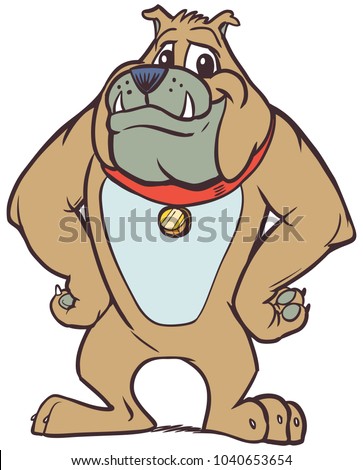 Vector cartoon clip art illustration of a strong but friendly anthropomorphic bulldog mascot with a red collar and his hands on his hips from a front view.