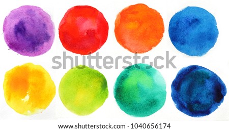 Watercolor hand painted circle shape design elements. Set of multicolored watercolor dots Royalty-Free Stock Photo #1040656174