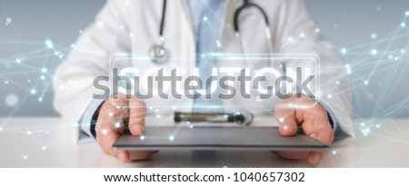 Doctor on blurred background using modern digital solution interface 3D rendering