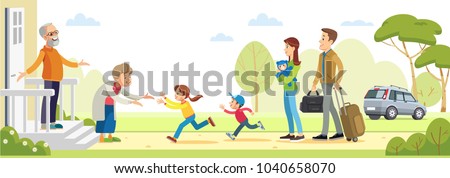Grandparents welcoming grandchildren. Happy big family  together. vector flat illustration Royalty-Free Stock Photo #1040658070