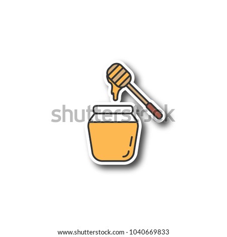 Honey jar with dipper patch. Color sticker. Vector isolated illustration
