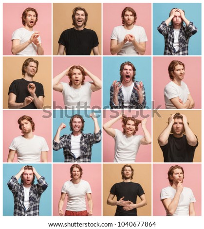 The collage of different human facial expressions, emotions and feelings of young man. Happy business man standing and smiling isolated on studio background. Human emotions, facial expression concept.