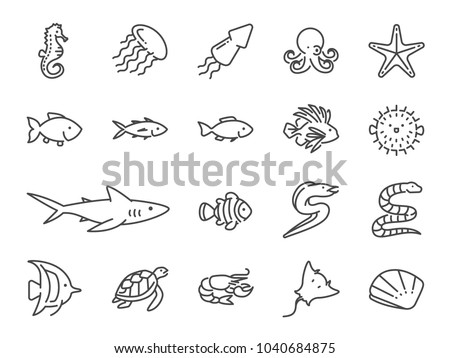 Ocean life line icon set. Included the icons as marine fish, sea fish, shark, seahorse, stingray, mackerel, shell, tuna and more.