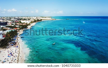 Aerial view of famous Playa del Carmen public beach in Quintana roo, Mexico Royalty-Free Stock Photo #1040731033