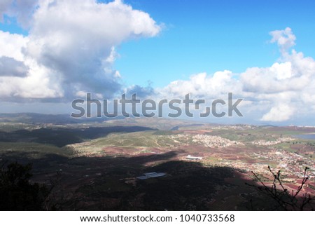 View from Mount Meron to the valley with agricultural fields from the mountain, Upper Galilee, north of Israel