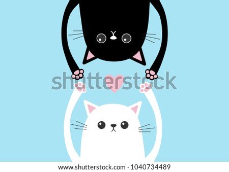 Black funny cat Head silhouette hanging upside down. White kitten hands up. Pink heart Love card. Eyes, paw print. Cute cartoon character set. Baby collection. Flat design. Blue background. Vector