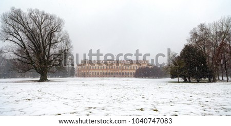 Late winter snowfall on the Park of Monza and its famous Royal Villa, Monza, Italy