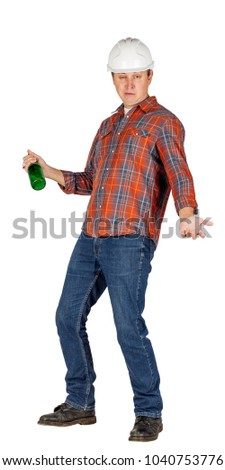 drunk builder drinking beer from a bottle in a white background