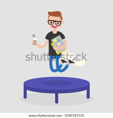 Career promotion. Cheerful employee jumping on the trampoline. Business concept. Modern young adults. Success. Flat editable vector illustration, clip art