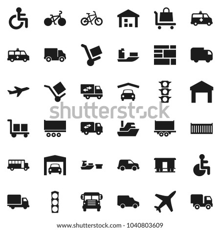 Flat vector icon set - school bus vector, bike, plane, traffic light, ship, truck trailer, sea container, delivery, car, port, consolidated cargo, warehouse, Railway carriage, disabled, amkbulance