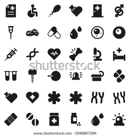 Flat vector icon set - heart pulse vector, pills vial, cross, ambulance star, disabled, gender sign, dna, insemination, syringe, crutches, broken bone, patch, bottle, microscope, chromosomes, sperm
