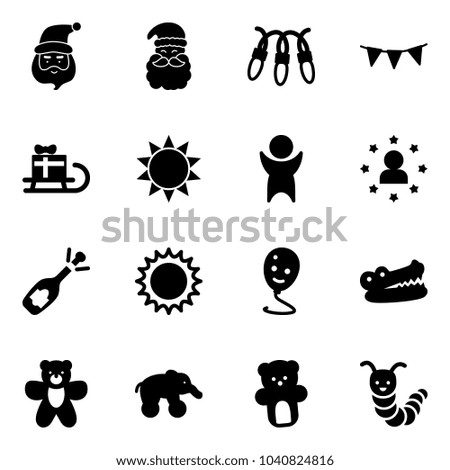 Solid vector icon set - santa claus vector, garland, flag, sleigh gift, sun, success, star man, fizz opening, balloon smile, crocodile, bear toy, elephant wheel, caterpillar