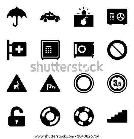 Solid vector icon set - insurance vector, safety car, terrorism, safe, first aid room, prohibition road sign, wild animals, side wind, limited height, unlocked, lifebuoy, stairs