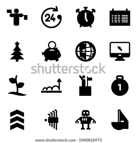 Solid vector icon set - traffic controller vector, 24 hours, alarm clock, schedule, christmas tree, piggy bank, globe, monitor cursor, sproute, growth, win, gold medal, chevron, allen key set, robot