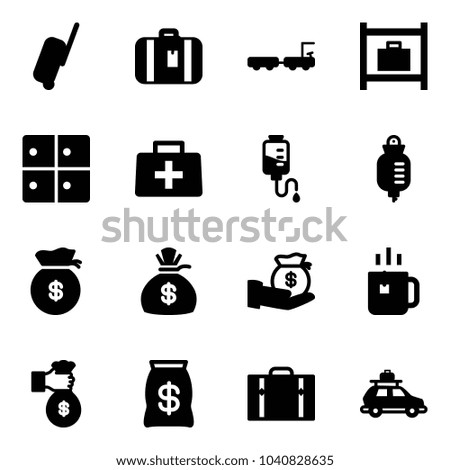 Solid vector icon set - suitcase vector, baggage truck, room, doctor bag, drop counter, money, investment, green tea, rich, car