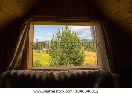 View from the window of a log cabin on a picturesque fir tree and behind its Carpathian mountains in sunny clear weather.